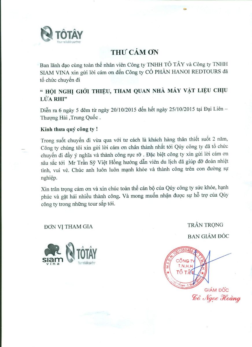 Thư cảm ơn - HanoiRedtours